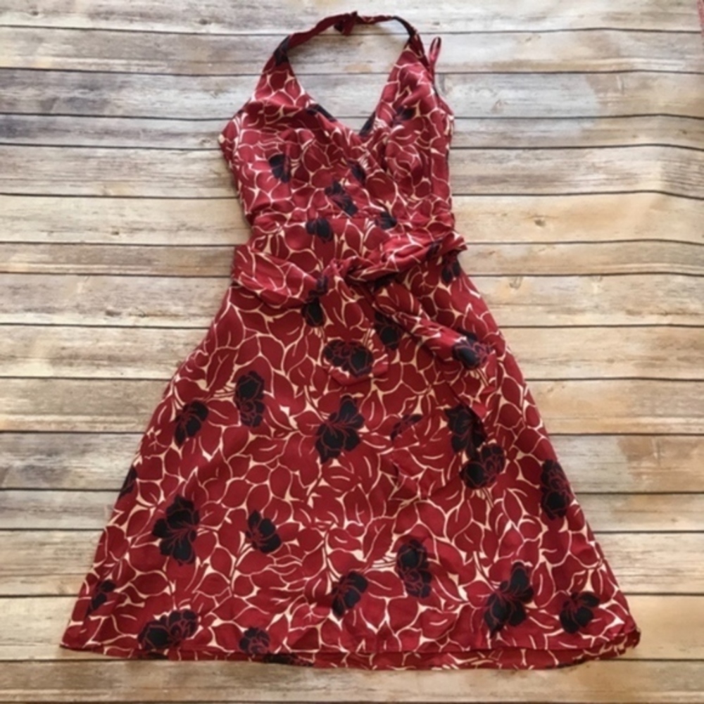 Ann Taylor Red and Black Floral Print Halter Dress